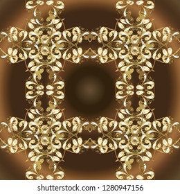 Golden pattern on yellow and brown colors with golden elements. Floral tiles. Islamic design. Vector golden textile print. Seamless pattern oriental ornament.