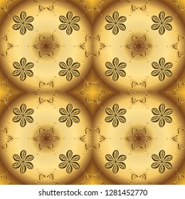 Golden pattern on yellow and brown colors with golden elements. Seamless golden pattern. Vector oriental ornament.