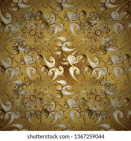 Golden pattern on a yellow and brown colors with golden elements. Ornate decoration. Luxury, royal and Victorian concept. Vector vintage baroque floral seamless pattern in gold.