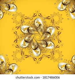 Goldenes Muster auf gelben und braunen Farben mit goldenen Elementen. Vintage-Muster auf Gelb- und Brauntönen mit goldenen Elementen. Weihnachten, Schneeflocken, neues Jahr.