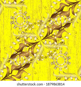 Patrón dorado sobre los colores amarillo y marrón con elementos dorados. Patrón dorado clásico sin inconveniente. Ornamento vectorial tradicional.
