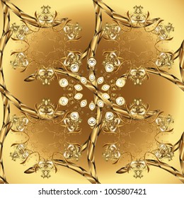 Golden pattern on yellow colors with golden elements. Round ormanental classic golden pattern. Vector traditional orient ornament.