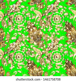 Golden pattern on yellow and green colors with golden elements. Seamless oriental ornament in the style of baroque. Vector oriental ornament. Traditional classic golden pattern.