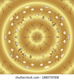Golden pattern on a yellow and neutral colors with golden elements. Vector vintage baroque floral seamless pattern in gold. Luxury, royal and Victorian concept. Ornate decoration.