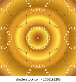 Golden pattern on yellow, orange and brown colors with golden elements. Flat hand drawn vintage collection. Vector golden seamless pattern. Backdrop, fabric, gold wallpaper.