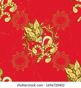 Golden pattern on yellow and red colors with golden elements. Traditional classic golden pattern. Seamless oriental ornament in the style of baroque. Vector oriental ornament.