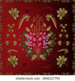 Patrón dorado sobre los colores amarillo, rojo y marrón con elementos dorados. Patrón dorado sin remedio. Ornamento vectorial oriental.