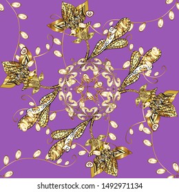 Golden pattern on yellow and violet colors with golden elements. Vector oriental ornament. Seamless golden pattern.