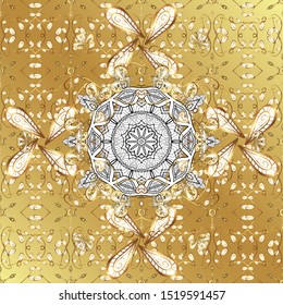 Golden pattern on yellow and white colors with golden elements. Seamless damask pattern background for wallpaper design in the style of Baroque. Ornate vector decoration.