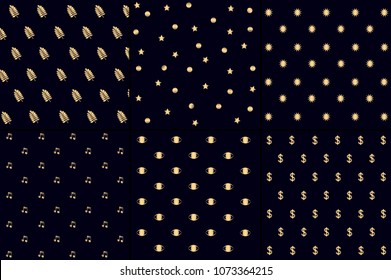 Golden pattern set. Shining luxury glamour vector illustration.
Star, circle, branch, dollar, eye, note, sun. Eps10