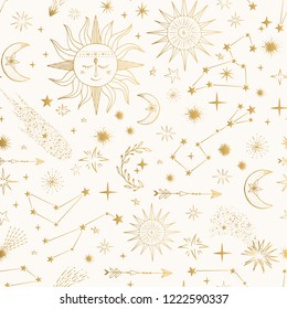 Golden pattern with shooting stars, comets, cute sun and moon. 