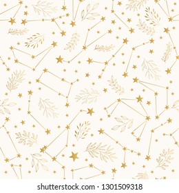 Golden pattern with shooting stars, leaves, herbs and zodiac signs.