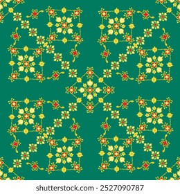 Golden pattern silk fabric on green background, vector illustration