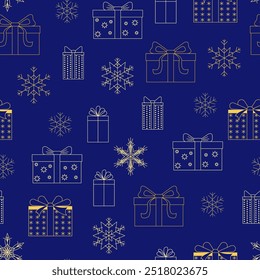 
Patrón dorado de copos de nieve y cajas de regalo sobre fondo de siena. Patrón de Navidades felices y año Nuevo. Vacaciones de invierno. Para fondos, presentaciones, papel de regalo, impresiones, obras de arte. Vector
