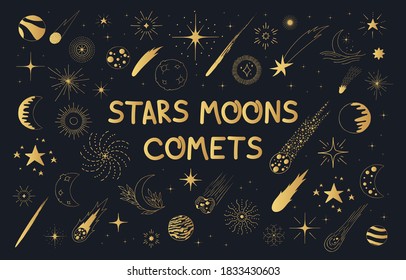 Golden pattern with stars, comets, planets, galaxy, sun and moon. Kids doodle gold space elements.