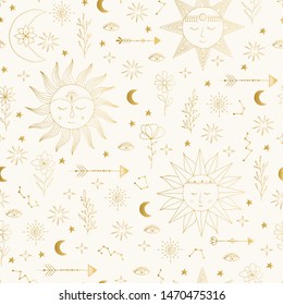 Golden pattern with stars, comets, suns, moon, constellation, Children glitter background. 