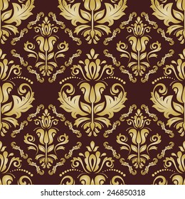 Golden pattern in the style of Baroque. Seamless vector background. Damask floral texture with orient and floral elements