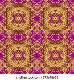 Golden pattern thai silk style vector design for print, fabric or textile. Line thai seamless pattern golden on a purple backdrop. Traditional Thailand golden background and texture with grid.