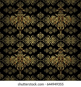 Golden pattern thai silk style vector design for print, fabric or textile. Line thai seamless pattern golden on a black backdrop. Traditional Thailand golden background and texture with grid.