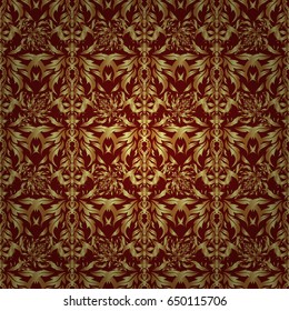Golden pattern thai silk style vector design for print, fabric or textile. Line thai seamless pattern golden on a red backdrop. Traditional Thailand golden background and texture with grid.