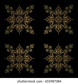 Golden pattern thai silk style vector design for print, fabric or textile. Line thai seamless pattern golden on a black backdrop. Traditional Thailand golden background and texture with grid.