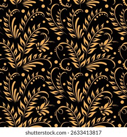 Golden pattern with thin, elegant twigs in the Old Russian style. Traditional, folk motif. Vector background with New Year branch. For christmas cards, fabric, textile, clothing, packaging.