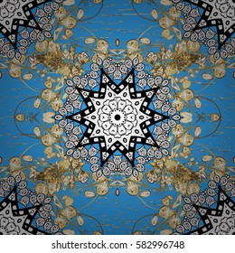Golden pattern. Vector golden floral ornament brocade textile pattern. Metal with floral pattern. Blue background with golden elements.
