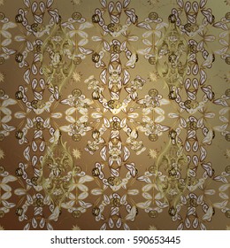 Golden pattern. Vector golden floral ornament brocade textile pattern. Metal with floral pattern. Beige background with golden elements.