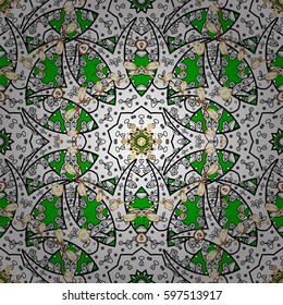 Golden pattern. Vector golden floral ornament brocade textile pattern. Metal with floral pattern. Green background with golden elements.