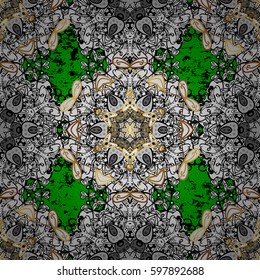 Golden pattern. Vector golden floral ornament brocade textile pattern. Metal with floral pattern. Green background with golden elements.