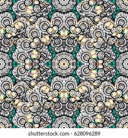 Golden pattern. Vector golden floral ornament brocade textile pattern. Metal with floral pattern. Blue background with golden elements.