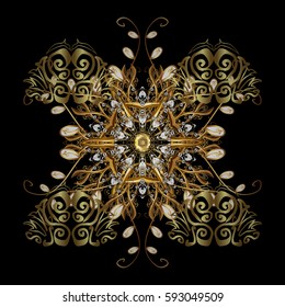 Golden pattern. Vector oriental ornament. on black background with golden elements and with white doodles.