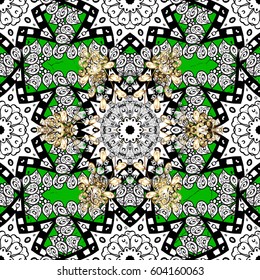 Golden pattern. Vector oriental ornament. Pattern on green background with golden elements.