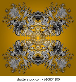 Golden pattern. Vector oriental ornament. Golden pattern with white doodles on yellow background with golden elements.