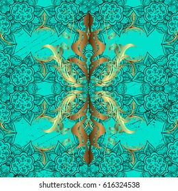 Golden pattern. Vector oriental ornament. Golden pattern on blue background with golden elements.