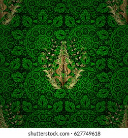 Golden pattern. Vector oriental ornament. Golden pattern on green background with golden elements.