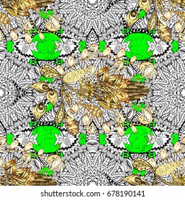 Golden pattern. Vector oriental ornament. Pattern on green background with golden elements.
