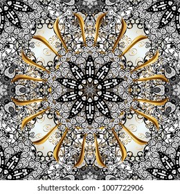 Golden pattern with white doodles on black, white and gray colors with golden elements. Seamless golden pattern. Vector oriental ornament.