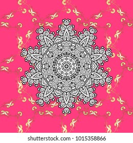 Golden pattern with white doodles on pink, white and black colors with golden elements. Seamless golden pattern. Vector oriental ornament.