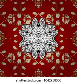 Golden pattern with white doodles on red, white and brown colors with golden elements. Seamless golden pattern. Vector oriental ornament.