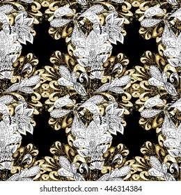 Golden pattern with white doodles on colors with golden elements. Vector oriental ornament. Seamless golden pattern.
