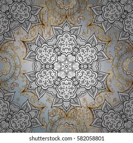 Golden pattern with white doodles on blue background with golden elements. Golden pattern. Vector oriental ornament.