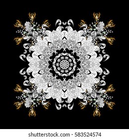 Golden pattern with white doodles on black background with golden elements. Golden pattern. Vector oriental ornament.