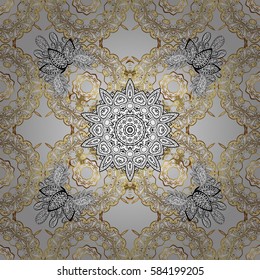 Golden pattern with white doodles on gray background with golden elements. Seamless golden pattern. Vector oriental ornament.