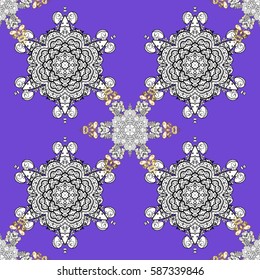 Golden pattern with white doodles on violet background with golden elements. Seamless golden pattern. Vector oriental ornament.