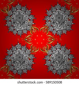 Golden pattern with white doodles on red background with golden elements. Seamless golden pattern. Vector oriental ornament.