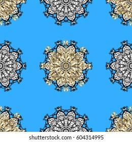 Golden pattern with white doodles on blue background with golden elements. Seamless golden pattern. Vector oriental ornament.