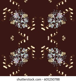Golden pattern with white doodles on brown background with golden elements. Seamless golden pattern. Vector oriental ornament.