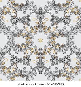 Golden pattern with white doodles on gray background with golden elements. Seamless golden pattern. Vector oriental ornament.
