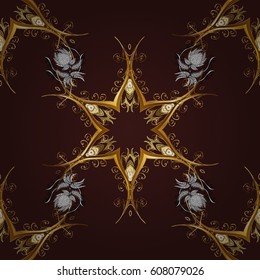 Golden pattern with white doodles on brown background with golden elements. Seamless golden pattern. Vector oriental ornament.